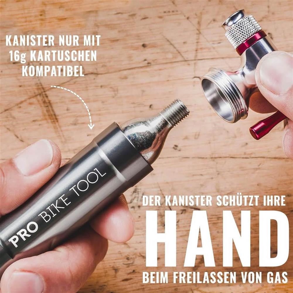 Pro Bike Tool CO2 Kartuschenpumpe - Modellnummer: BP-CO2 - Inflator für schnelles Aufpumpen, passend für Presta & Schrader Ventile, ideal für Rennrad & Mountainbike, mit Metall Lagerbehälter - ohne CO2 Kartuschen