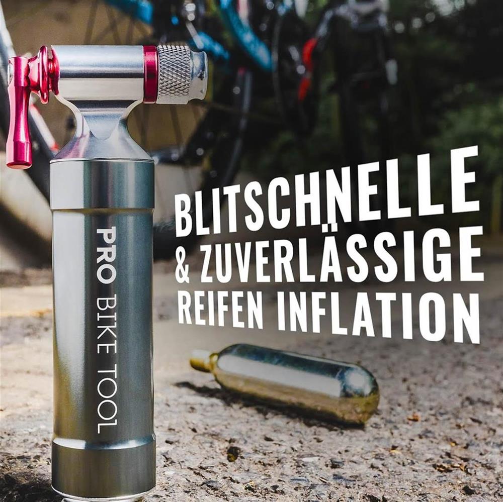 Pro Bike Tool CO2 Kartuschenpumpe - Modellnummer: BP-CO2 - Inflator für schnelles Aufpumpen, passend für Presta & Schrader Ventile, ideal für Rennrad & Mountainbike, mit Metall Lagerbehälter - ohne CO2 Kartuschen