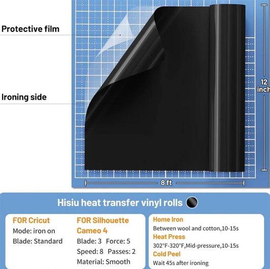 Hisiu HTV-3 Wärmeübertragungsvinyl schwarze Folie 12 inch x 8 ft langlebig und flexibel