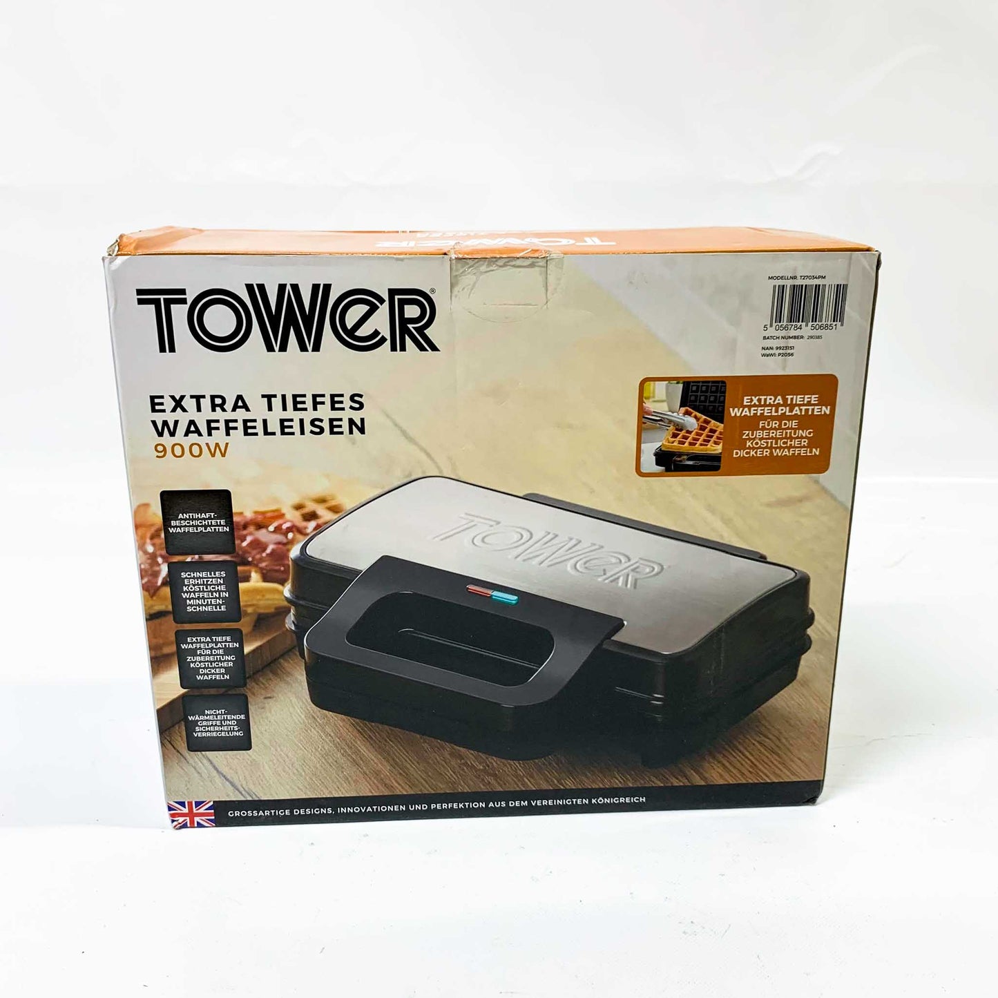 TOWER Waffeleisen T27034PM, Waffeleisen, Antihaftbeschichtung, 1200W, kompakt, für Belgische Waffeln, Thermostat.