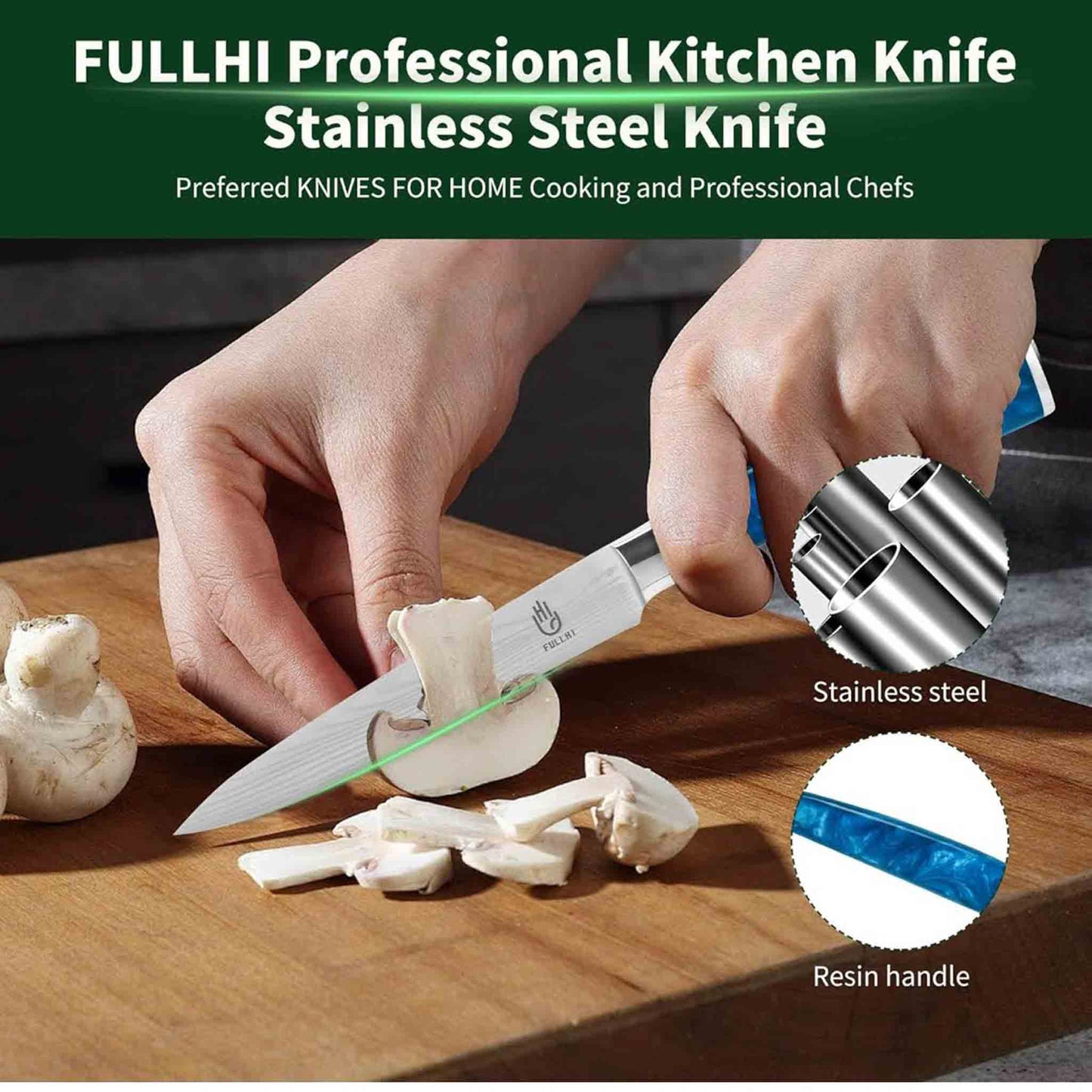 Fullhi Utility Messer, 5 Zoll, Universal Küchenmesser, mehrfarbig, Edelstahl, mit Holzgriff, ideal für präzises Schneiden.