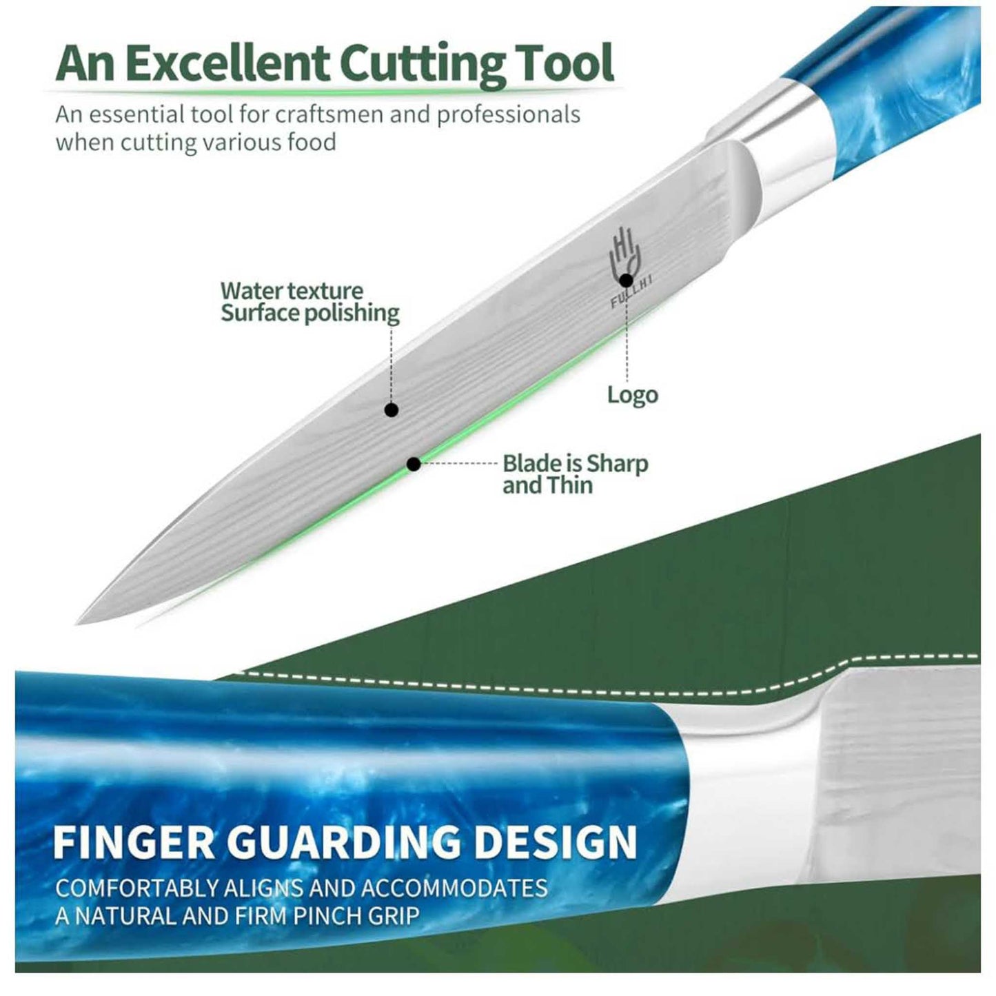 Fullhi Utility Messer, 5 Zoll, Universal Küchenmesser, mehrfarbig, Edelstahl, mit Holzgriff, ideal für präzises Schneiden.