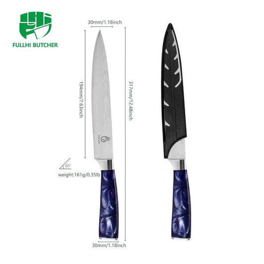 Fullhi 8-Zoll Küchenmesser, mehrfarbig, Edelstahl, lila Harzgriff, scharfe Klinge, inklusive Schutzgehäuse.