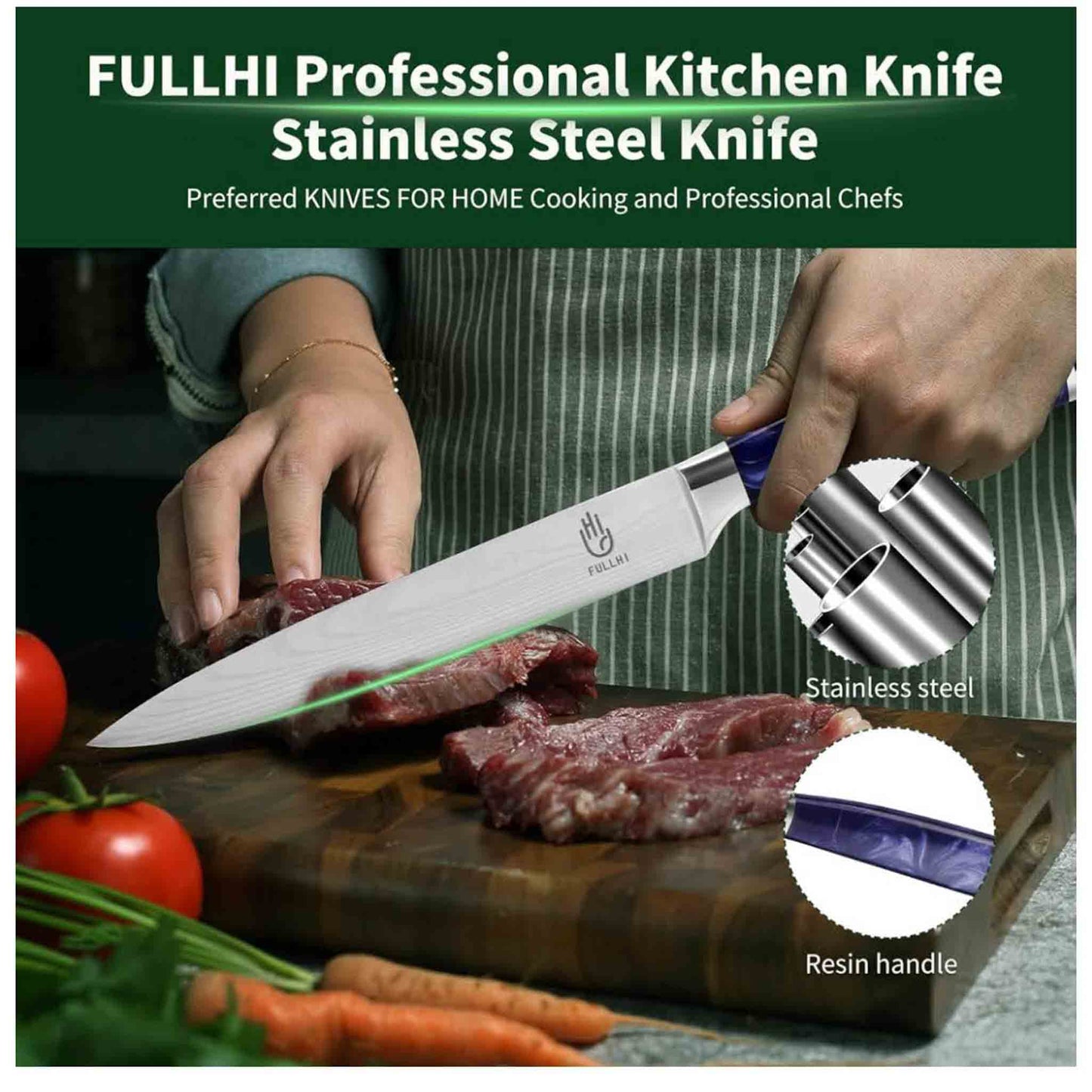 Fullhi 8-Zoll Küchenmesser, mehrfarbig, Edelstahl, lila Harzgriff, scharfe Klinge, inklusive Schutzgehäuse.