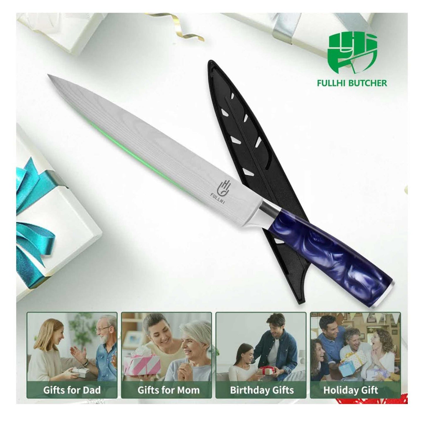 Fullhi 8-Zoll Küchenmesser, mehrfarbig, Edelstahl, lila Harzgriff, scharfe Klinge, inklusive Schutzgehäuse.