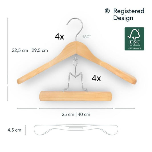 SUITS VIENNA® Kleiderbügel Hosenanzug 40 cm | 8 Stück Set für Blazer und Hose | Anzug Kleiderbügel aus Massivholz mit breiter Schulterauflage