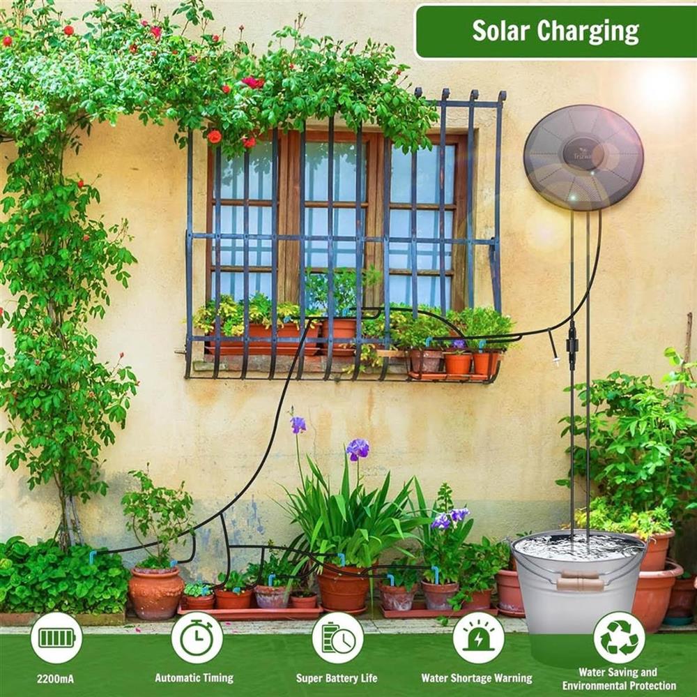 TRJZWA BSV-IC302 Automatisches Tropfbewässerungs-Kit für Balkon Garten mit Wasserstandserkennung, Solare Bewässerung für 15 Topfpflanzen und 15m Wasserschlauch