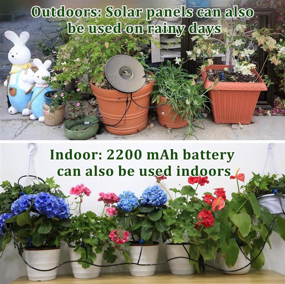 TRJZWA BSV-IC302 Automatisches Tropfbewässerungs-Kit für Balkon Garten mit Wasserstandserkennung, Solare Bewässerung für 15 Topfpflanzen und 15m Wasserschlauch