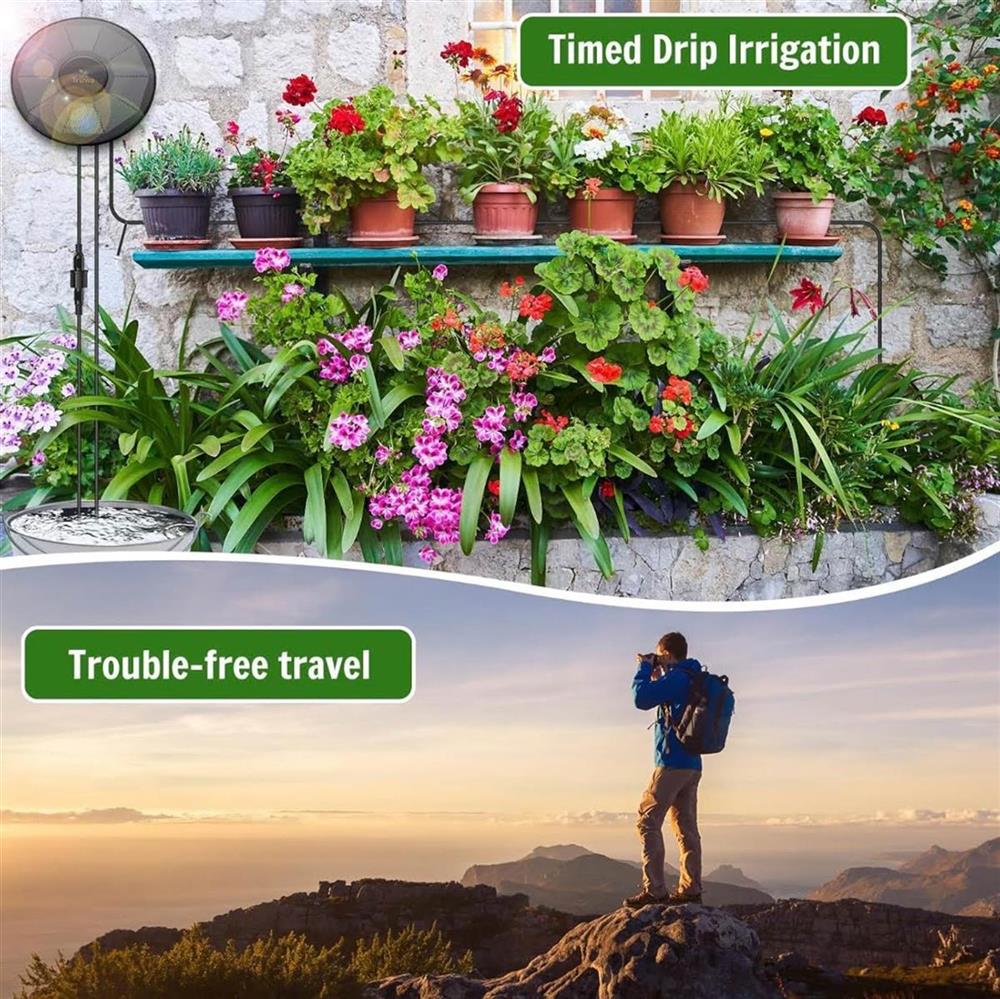 TRJZWA BSV-IC302 Automatisches Tropfbewässerungs-Kit für Balkon Garten mit Wasserstandserkennung, Solare Bewässerung für 15 Topfpflanzen und 15m Wasserschlauch
