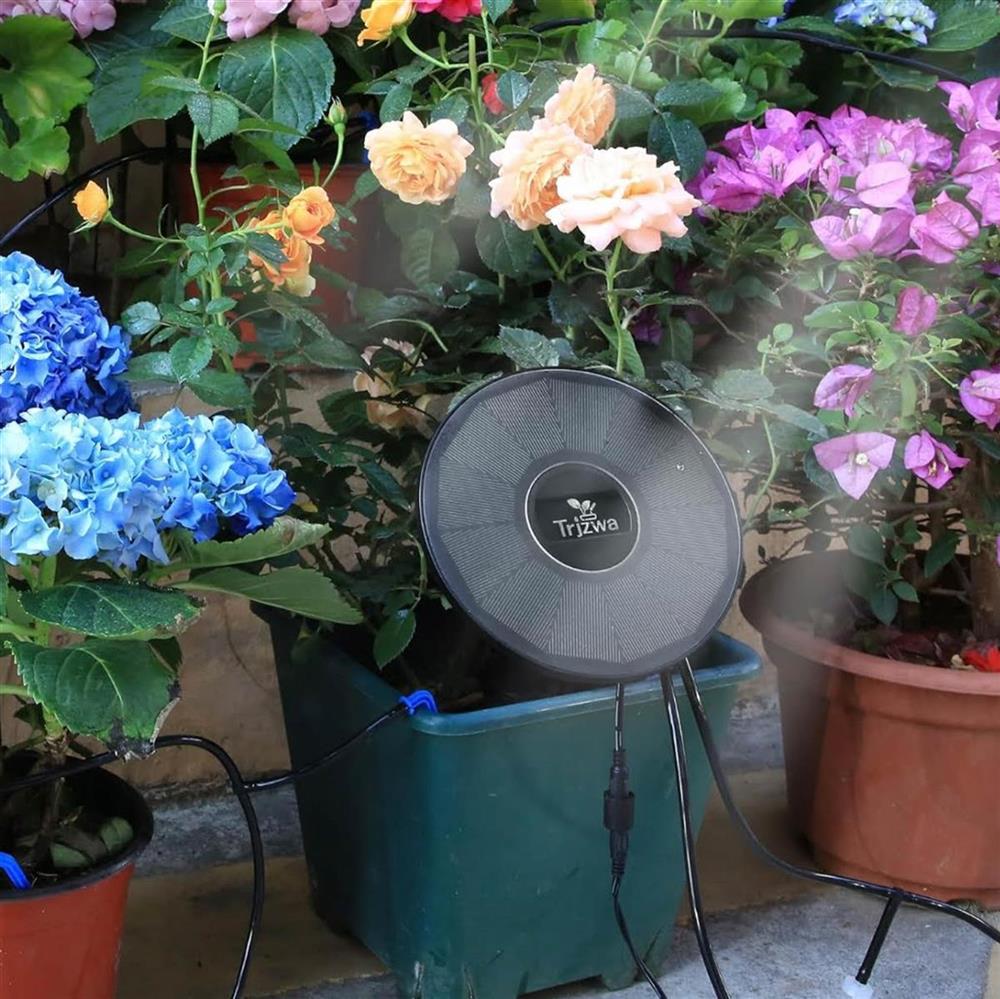 TRJZWA BSV-IC302 Automatisches Tropfbewässerungs-Kit für Balkon Garten mit Wasserstandserkennung, Solare Bewässerung für 15 Topfpflanzen und 15m Wasserschlauch
