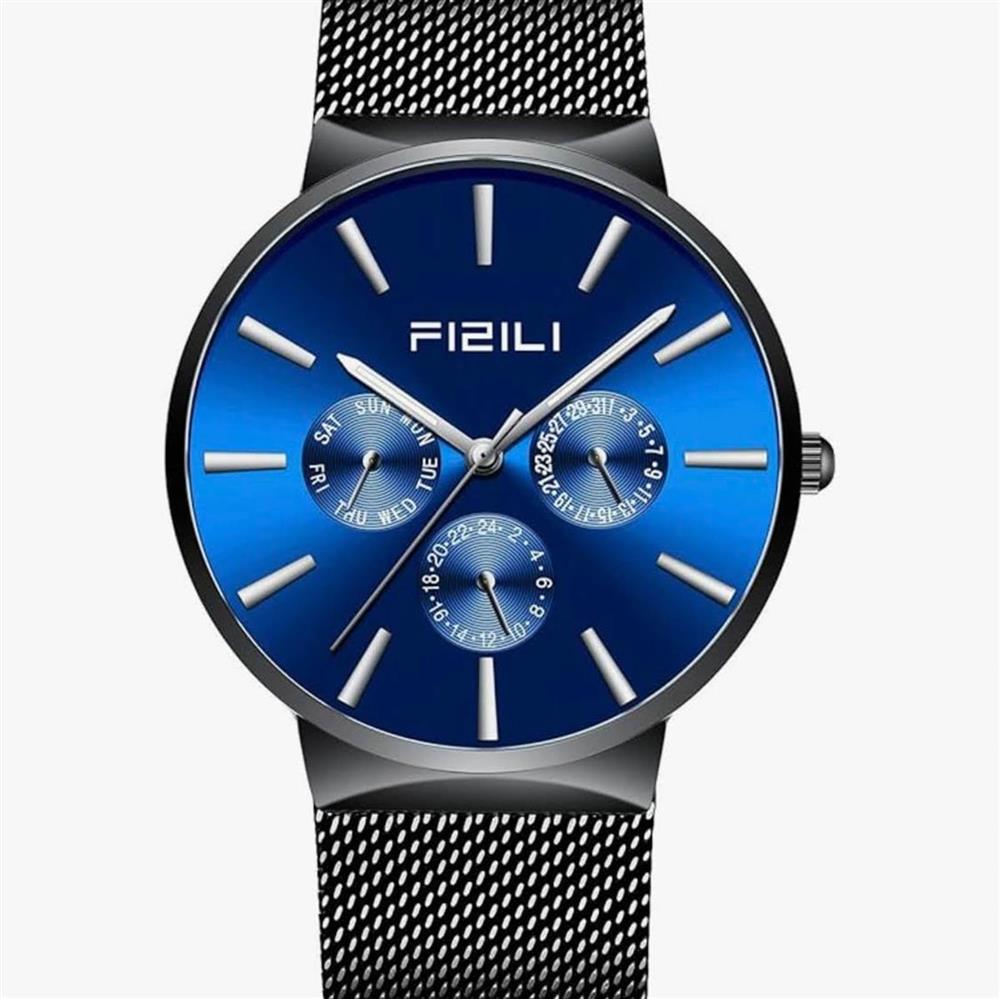 FIZILI Herren Uhren Ultra Dünne Schwarz Minimalistisch Quartz Milanese Mesh Edelstahl