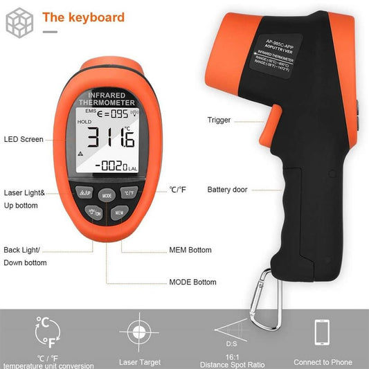 Infrarot Thermometer IR Laserthermometer Digitale Temperaturpistole -50~800°C APP Daten lesen und herunterladen