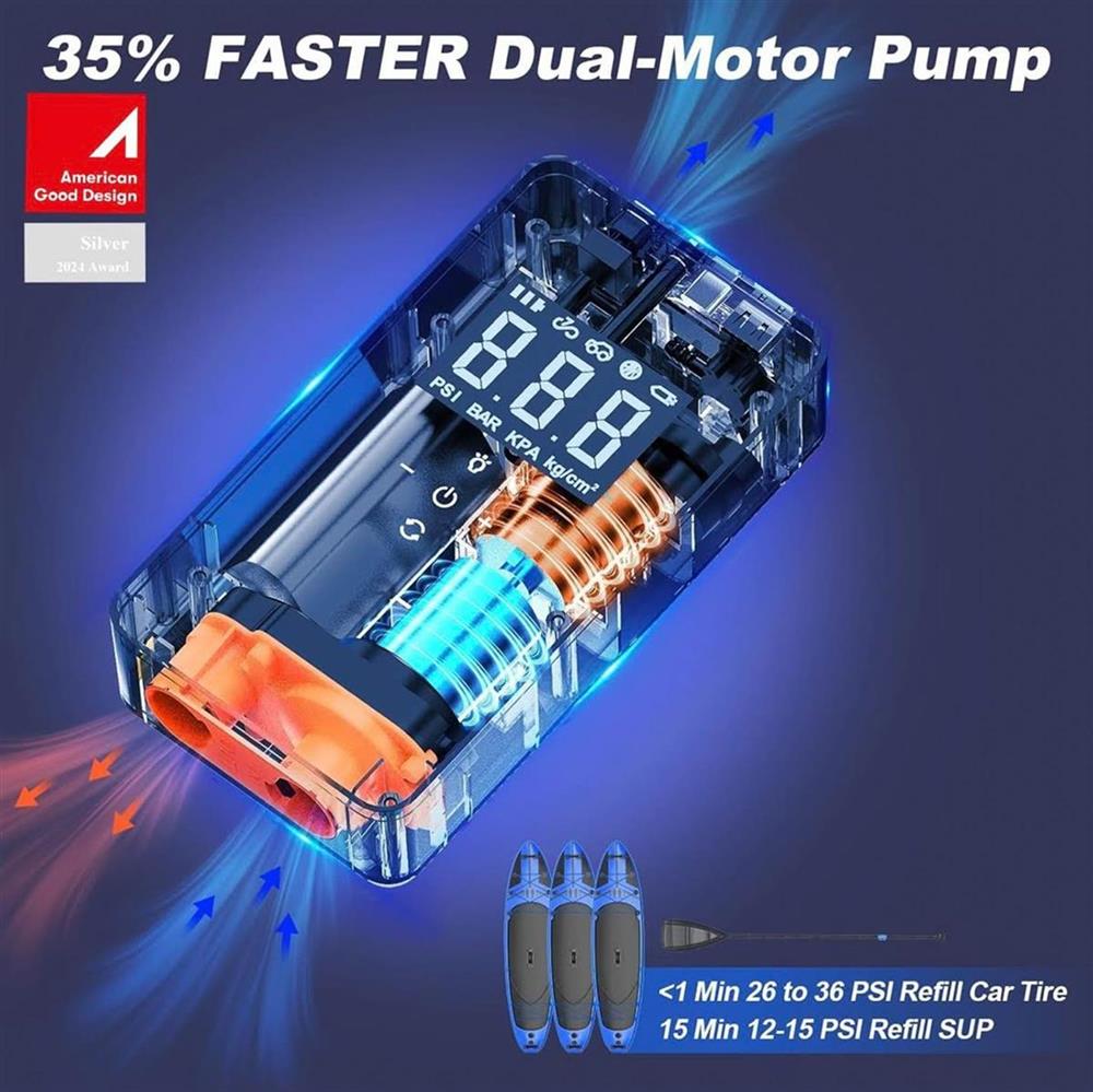 Elektrische Luftpumpe Doppelmotor 150 PSI 12V Multifunktions-Luftkompressor mit 6000 mAh Powerbank Auto Off LED für Auto Fahrrad Motorrad Bälle Schlauchboot orange