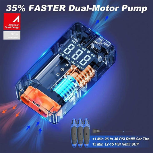 Elektrische Luftpumpe Doppelmotor 150 PSI 12V Multifunktions-Luftkompressor mit 6000 mAh Powerbank Auto Off LED für Auto Fahrrad Motorrad Bälle Schlauchboot orange