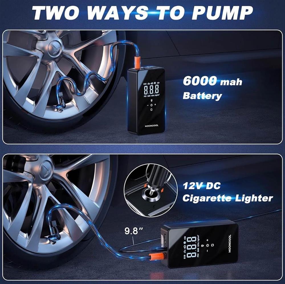 Elektrische Luftpumpe Doppelmotor 150 PSI 12V Multifunktions-Luftkompressor mit 6000 mAh Powerbank Auto Off LED für Auto Fahrrad Motorrad Bälle Schlauchboot orange