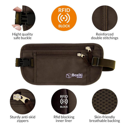 Boxiki Reise-Geldgürtel, RFID-blockierend, für Damen und Herren, sicherer Geldbeutel für Reisepass, Geld und Telefon.