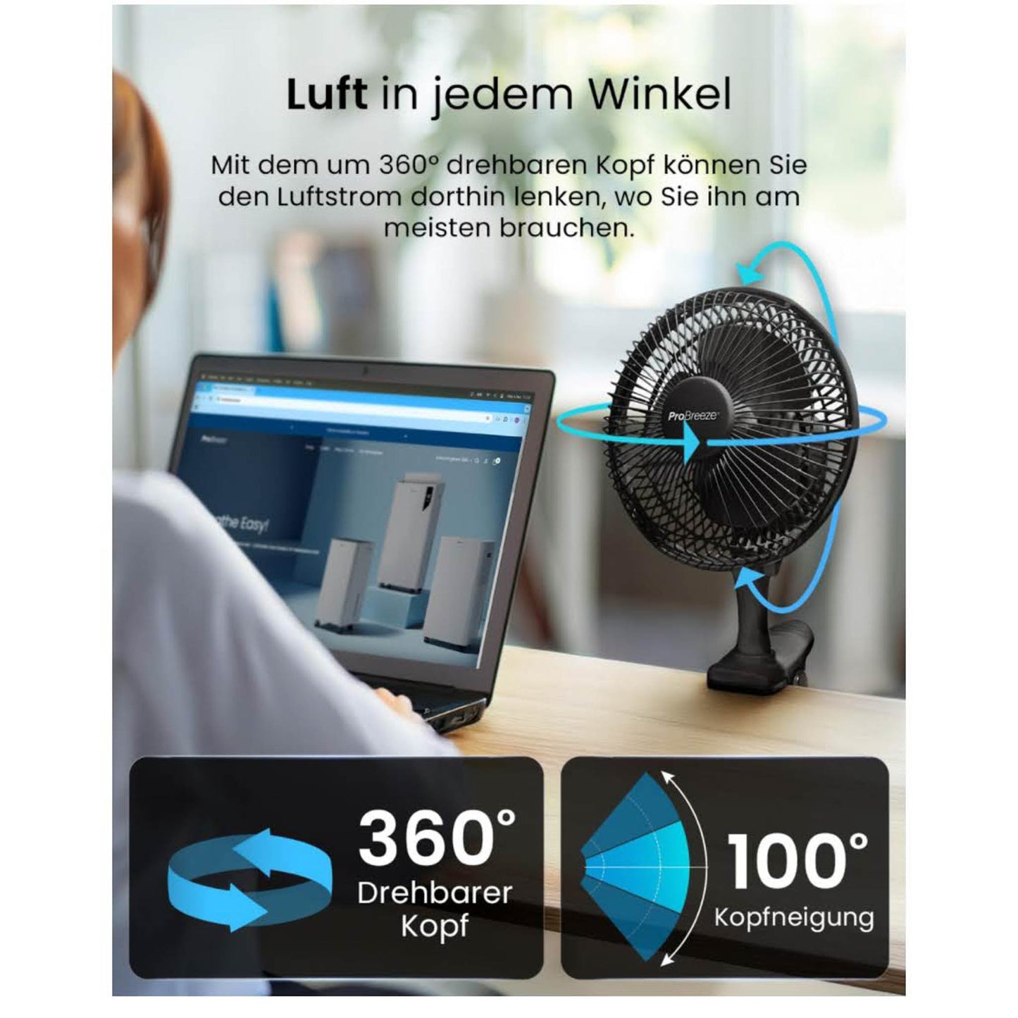Pro Breeze Mini Ventilator, 20 cm, Tischventilator, 2 Geschwindigkeitsstufen, leise, stabiler Clip, ideal für Schreibtisch und Growbox.