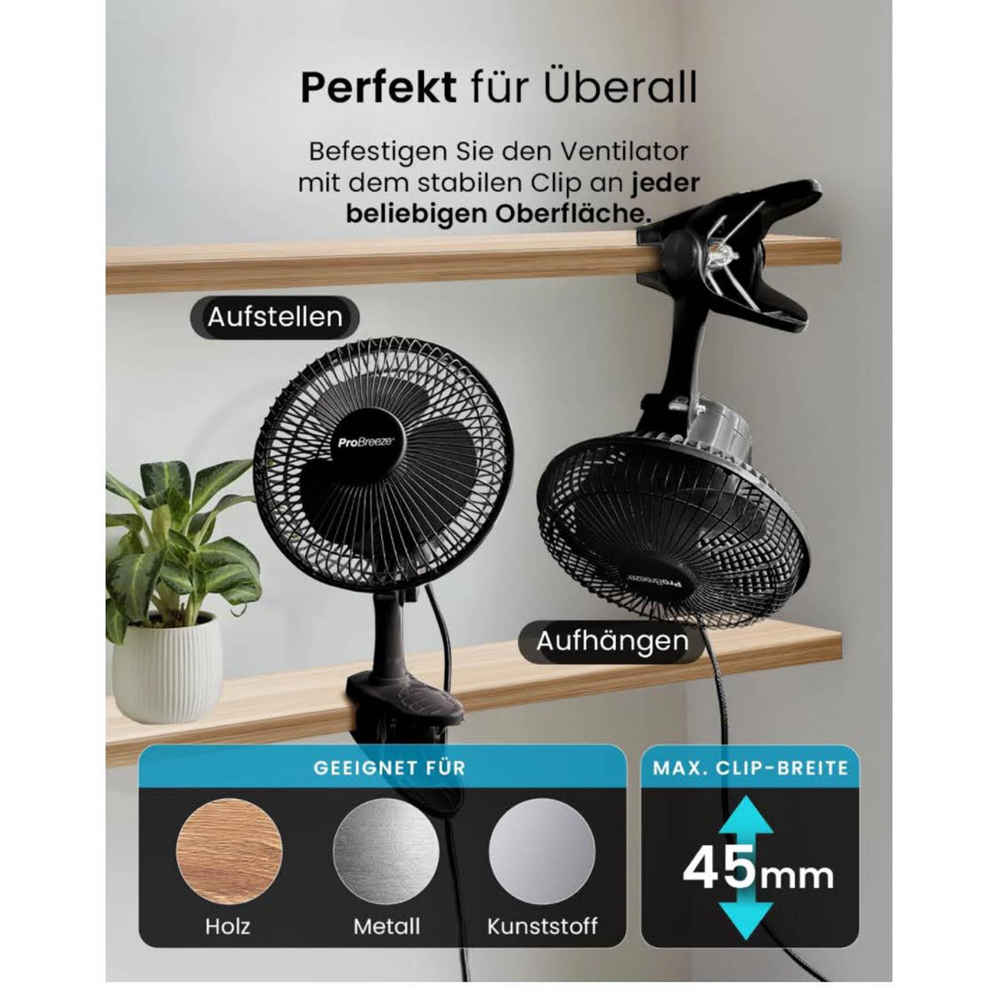 Pro Breeze Mini Ventilator, 20 cm, Tischventilator, 2 Geschwindigkeitsstufen, leise, stabiler Clip, ideal für Schreibtisch und Growbox.