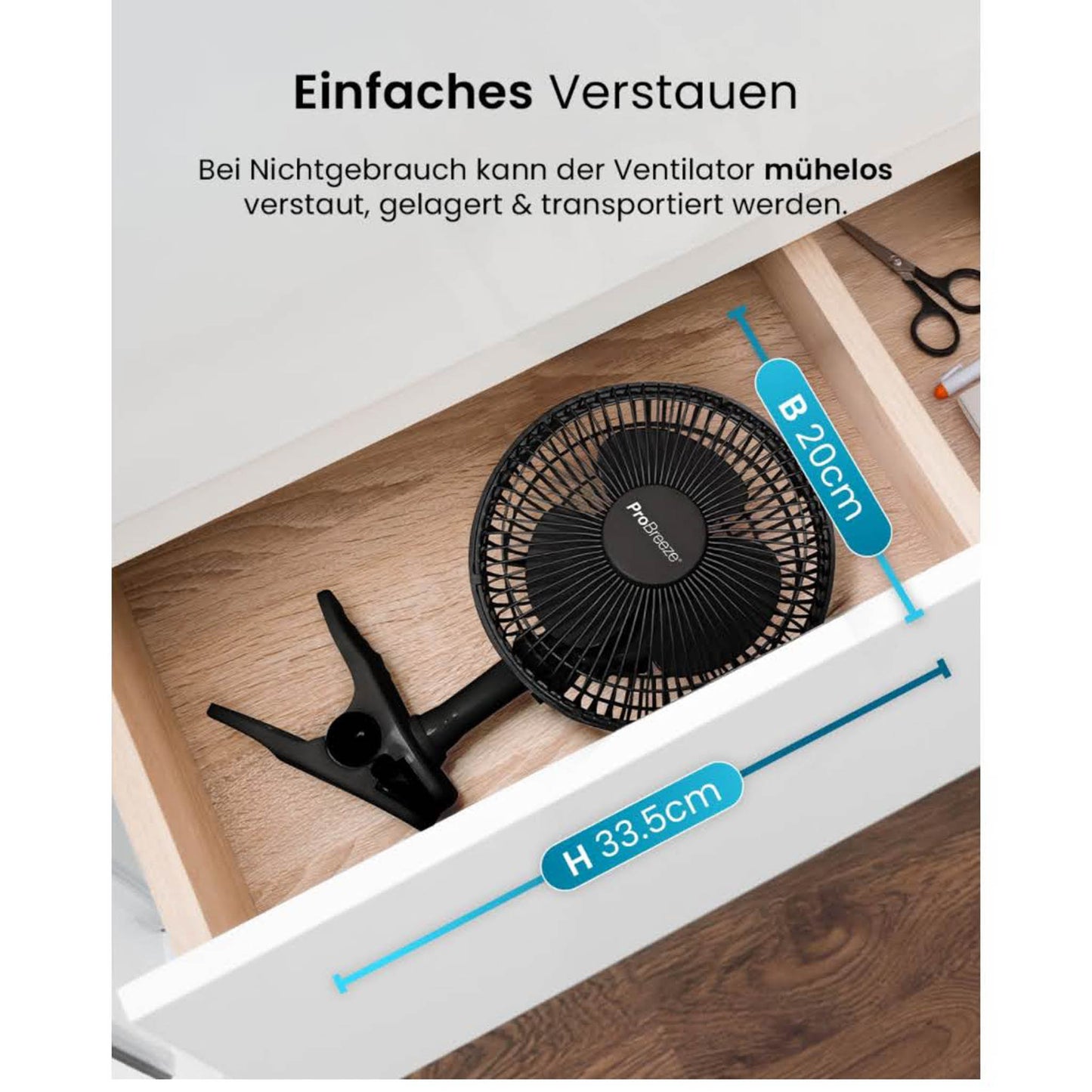 Pro Breeze Mini Ventilator, 20 cm, Tischventilator, 2 Geschwindigkeitsstufen, leise, stabiler Clip, ideal für Schreibtisch und Growbox.