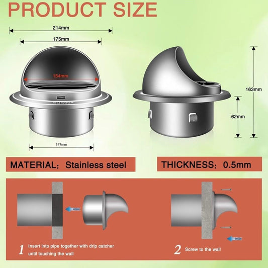 Aygrochy Lüftungsgitter 150mm mit Hut 304 Edelstahl Rund Abluftgitter Insektenschutzgitter Flansch Lamellengitter