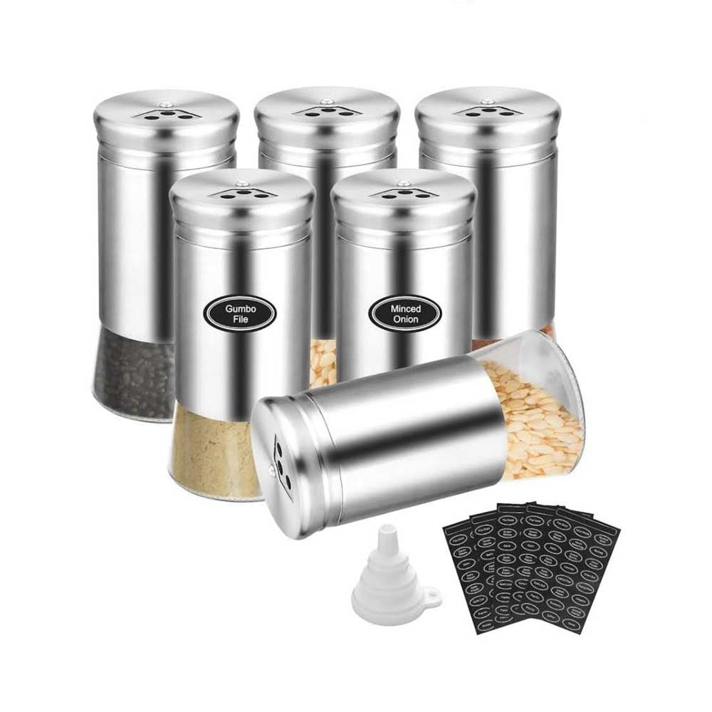 HOMGEN Spice Jars 6 Pieces 120 ml Stainless Steel 304 Rotating Screw Cap Easy to Clean Black Salt and Pepper Containers with Labels for Home and Kitchen