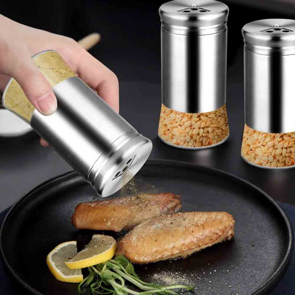 HOMGEN Spice Jars 6 Pieces 120 ml Stainless Steel 304 Rotating Screw Cap Easy to Clean Black Salt and Pepper Containers with Labels for Home and Kitchen