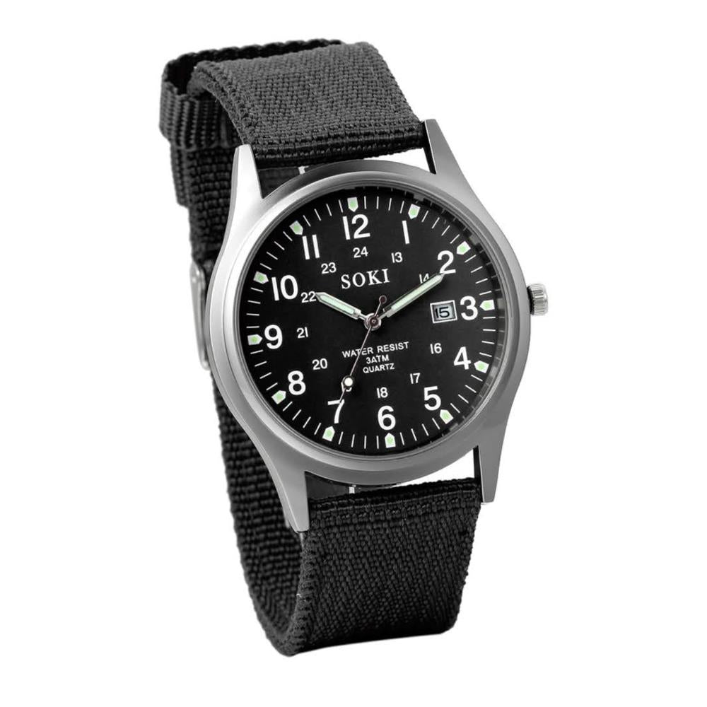 Jewelrywe Analoge Armbanduhr JW-1234 mit Kalender, leuchtendes Zifferblatt, Nylongeflecht, Stoff, Segeltuch, Armband, Legierung, Herren/Damen, Schwarz