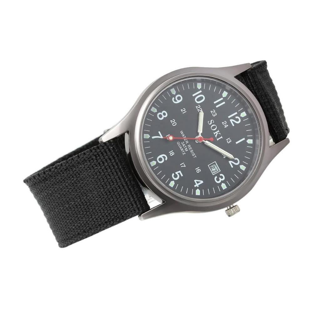 Jewelrywe Analoge Armbanduhr JW-1234 mit Kalender, leuchtendes Zifferblatt, Nylongeflecht, Stoff, Segeltuch, Armband, Legierung, Herren/Damen, Schwarz