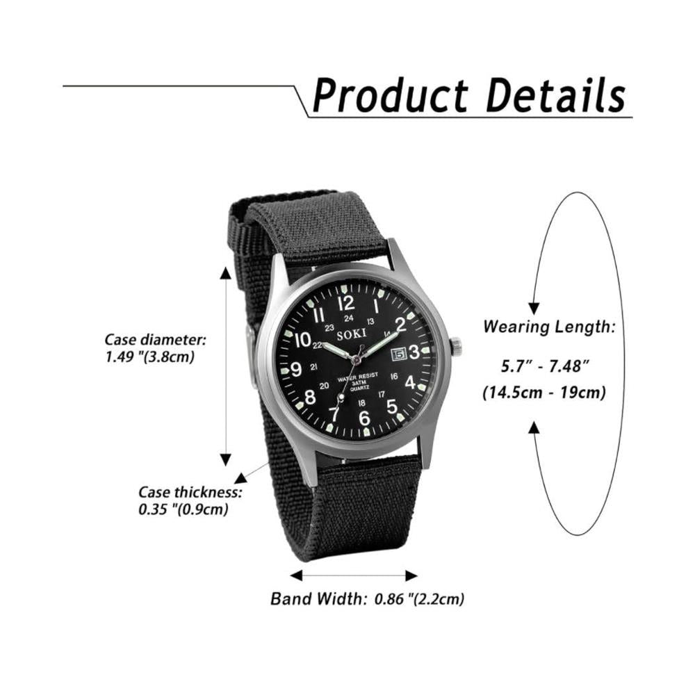 Jewelrywe Analoge Armbanduhr JW-1234 mit Kalender, leuchtendes Zifferblatt, Nylongeflecht, Stoff, Segeltuch, Armband, Legierung, Herren/Damen, Schwarz