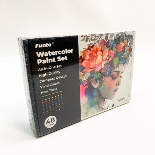 Funto Aquarellfarben-Set 48 Farben Übungsblock mit 8 Pinseln Wasserpinselstift Bleistift Fineliner Radiergummi Klebeband Bleistiftspitzer Sprühflasche Malset für Erwachsene Anfänger Profis