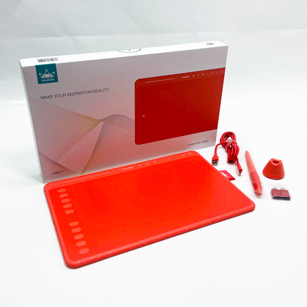 HUION HS611 Grafiktablett, Modellnr HS611, Produkttyp Grafiktablett, Merkmale kompatibel mit Windows, MacOS und Android, Farboptionen Rot/Orange