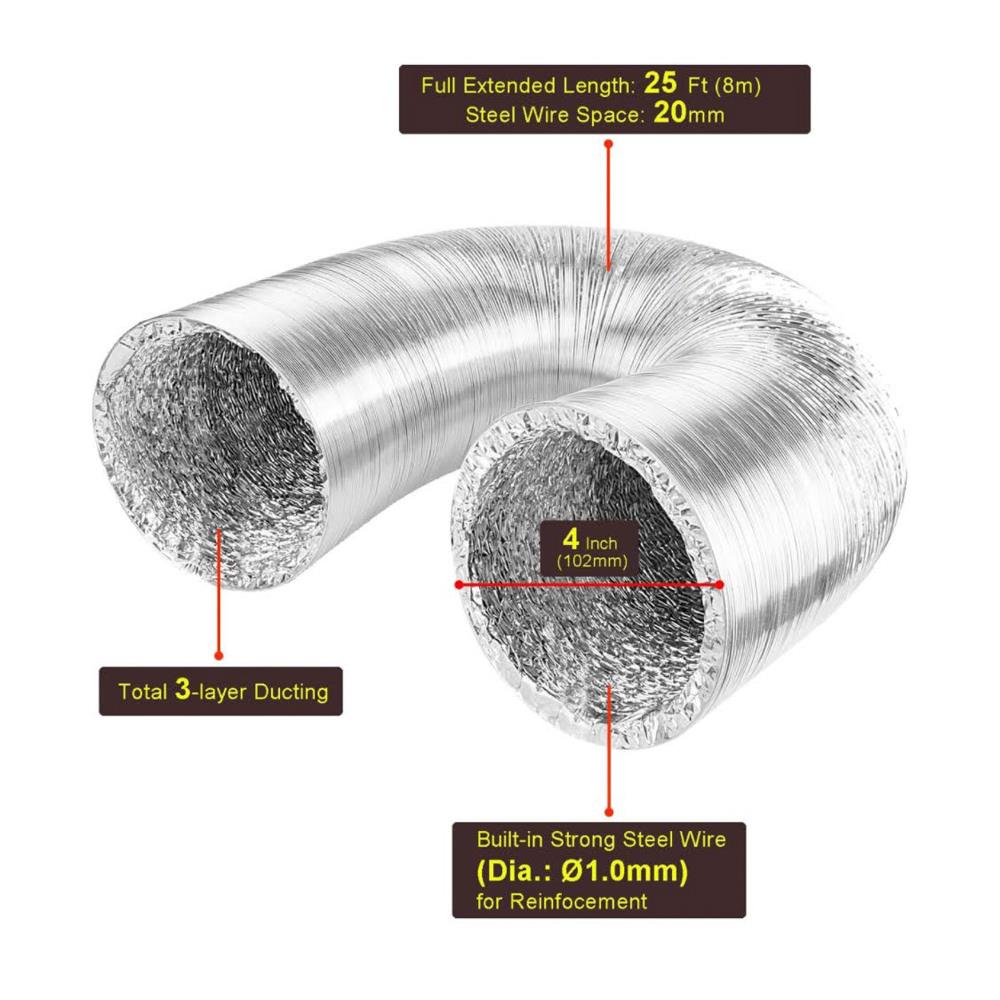 LOOTICH Aluflexrohr Ř102mm Länge 8m Abluftschlauch Flexibel Aluminium Rohr Flexschlauch für HVAC Lüftung mit 2 Stück Edelstahl Schlauchschelle