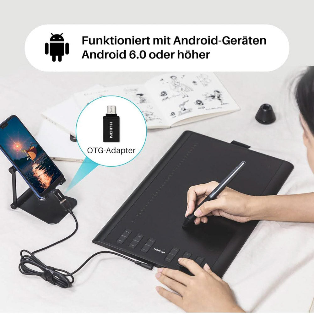 HUION Inspiroy H1060P Grafiktablett 10 x 6,25 Zoll Zeichentablett mit batterielosem Eingabestift 12 Hotkeys für Windows, Mac, Android ideal für Zeichnen, Online-Unterricht, Arbeiten
