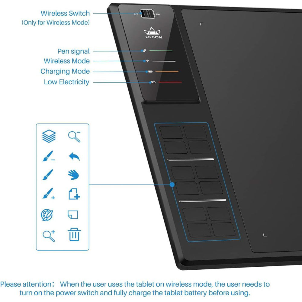HUION WH1409 Bluetooth Grafiktablett 13.8x8.6 inch großes Zeichentablett zum Zeichnen Gestalten Arbeiten mit Mac PC und Mobilgeräten