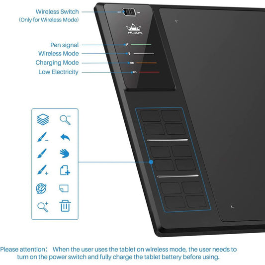 HUION WH1409 Bluetooth Grafiktablett 13.8x8.6 inch großes Zeichentablett zum Zeichnen Gestalten Arbeiten mit Mac PC und Mobilgeräten