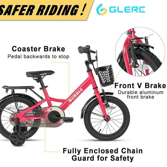 Glerc Bubble 12 Zoll Kinderfahrrad, für 1-4 Jahre, mit Korb, Stabilisatoren, Gepäckträger, rosa.