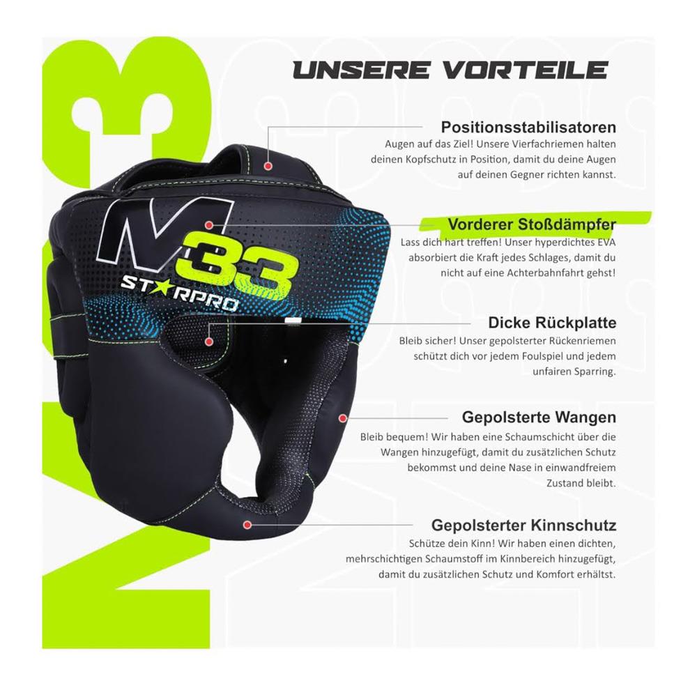 Starpro M33 Boxkopfschutz L – mattiertes Kunstleder Kopf- und Wangenschutz für Sparring Boxen Muay Thai Kickboxen Training Kämpfen – für Männer und Frauen – Schwarz Grün