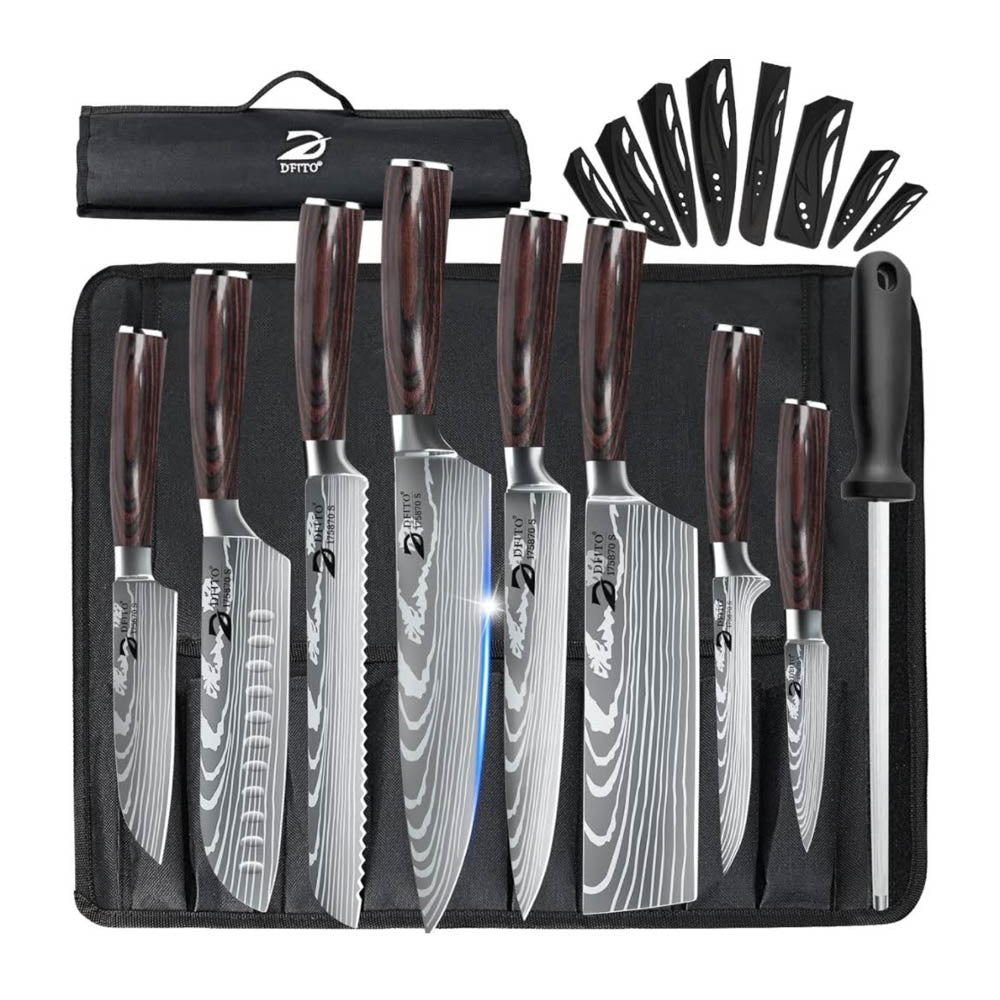 Dfito Küchenmesser Set, 8-teilig, Profi Kochmesser, High Carbon Edelstahl, extrem scharf, inklusive Rolltasche, vielseitig einsetzbar, ideal für Hobby- und Profiköche.
