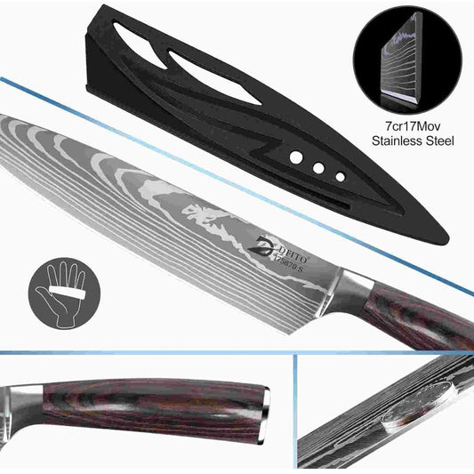 Dfito kitchen knife set, 8-piece, professional chef's knife, high carbon stainless steel, extremely sharp, including roll bag, versatile, ideal for amateur and professional chefs.