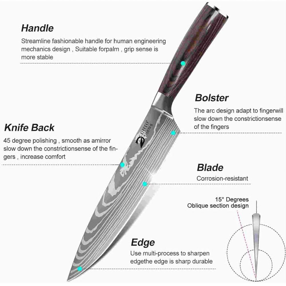 Dfito Küchenmesser Set, 8-teilig, Profi Kochmesser, High Carbon Edelstahl, extrem scharf, inklusive Rolltasche, vielseitig einsetzbar, ideal für Hobby- und Profiköche.