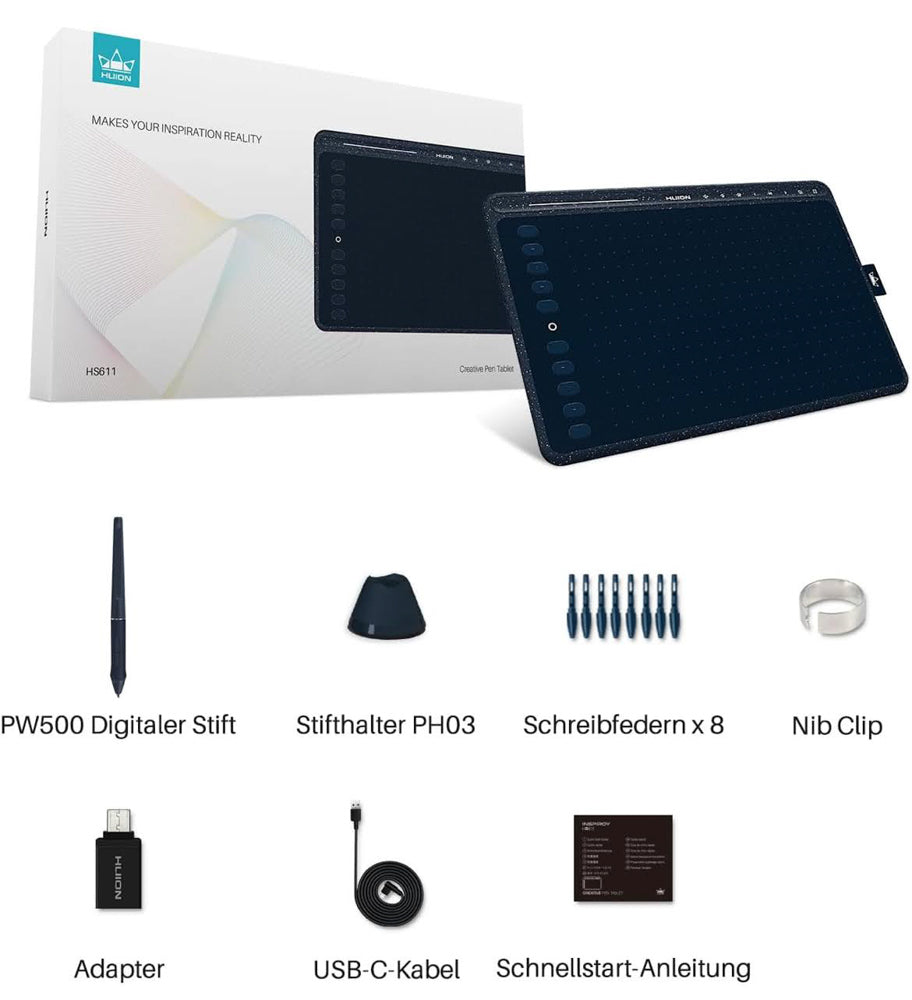 HUION HS611 Grafiktablett 10,2 x 6,36 Zoll ideal für digitale Kunst, 8 Multimedia-Tasten, 10 Express-Tasten, Touch Strip, kompatibel mit Win, Mac, Android in Sternblau
