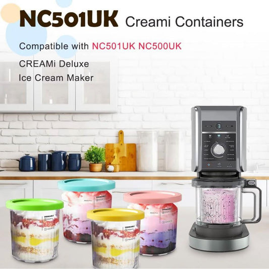 BYKITCHEN CREAMI Deluxe Behälter für Ninja NC501EU, 4 Stück Creami Behälter NC501EU, Eismaschine Creami Deluxe Zubehör, Kompatibel mit Ninja Creami Eis NC501EU NC500EU Serie Eismaschinen