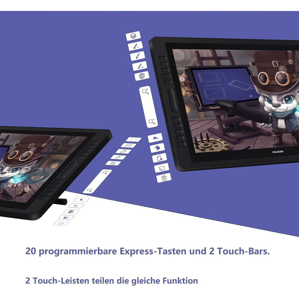 HUION Kamvas Pro 22 Grafiktablett, 21.5 Zoll, professionelles Zeichentablett, 4K UHD Display, 120% sRGB Farbraum, 8192 Druckstufen, neigungsverfügbar, ergonomisches Design, USB-C Anschluss, kompatibel mit Windows und macOS.