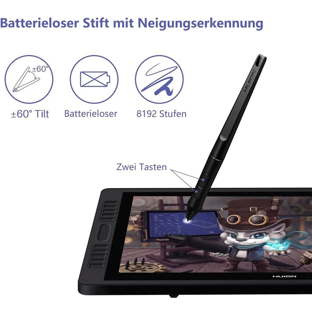 HUION Kamvas Pro 22 Grafiktablett, 21.5 Zoll, professionelles Zeichentablett, 4K UHD Display, 120% sRGB Farbraum, 8192 Druckstufen, neigungsverfügbar, ergonomisches Design, USB-C Anschluss, kompatibel mit Windows und macOS.