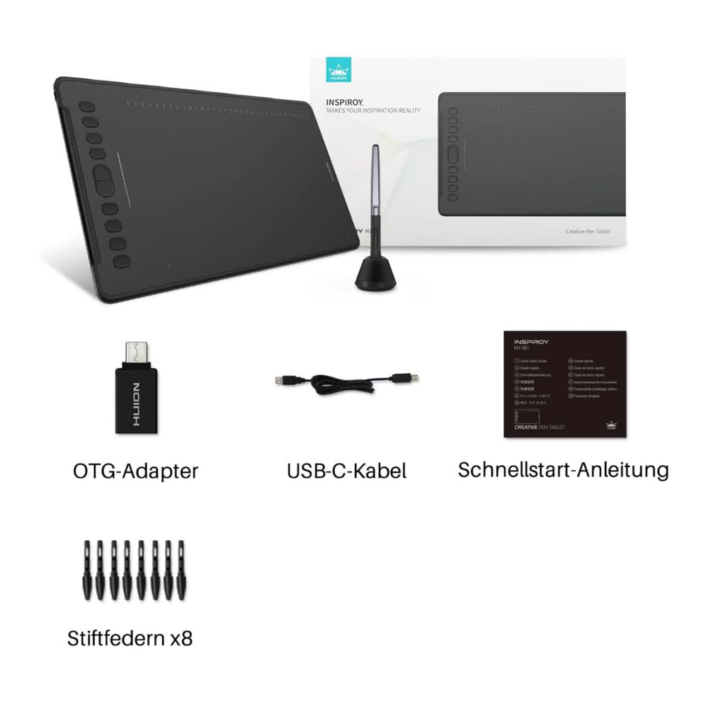 HUION Inspiroy H1161 Grafiktablett, 8192 Druckempfindlichkeit, große aktive Fläche von 10 x 6,25 Zoll, kabelloses Design, mit 8 programmierbaren Schnellzugriffstasten, ideal für digitales Zeichnen und Design.