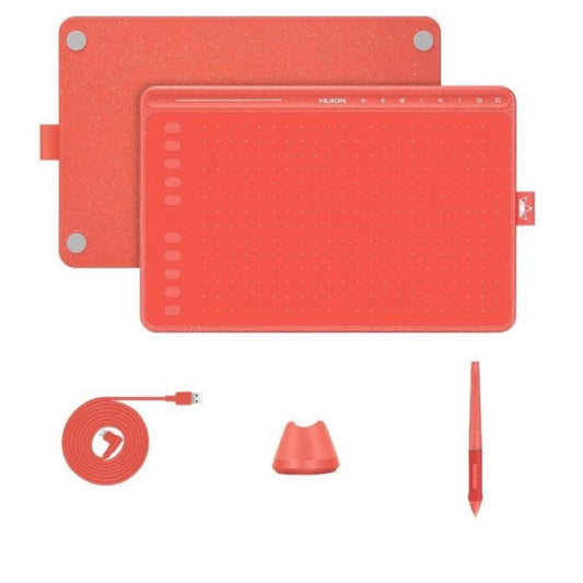 HUION HS611 Grafiktablett 10,2 x 6,36 Zoll für digitale Kunst, Malerei und Design, 8 Multimedia-Tasten, 10 Express-Tasten, Touch Strip, kompatibel mit Win, Mac, Android, Farben: Orange/Rot.