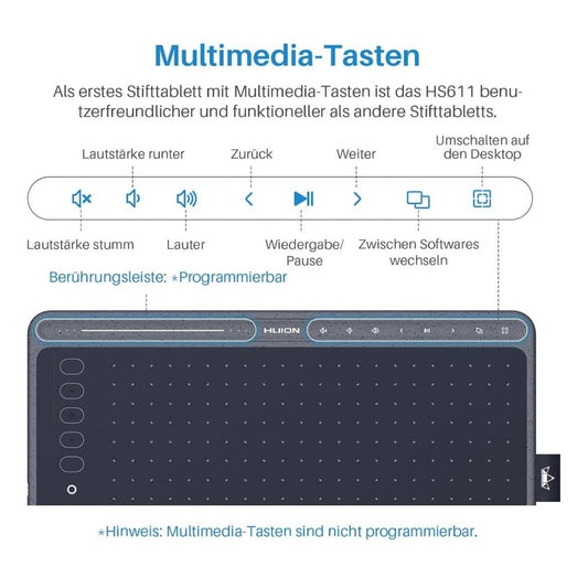 HUION HS611 Grafiktablett 10,2x6,36 Zoll ideal für digitale Kunst - 8 Multimedia-Tasten, 10 Express-Tasten, Touch Strip, kompatibel mit Win, Mac, Android, Grau