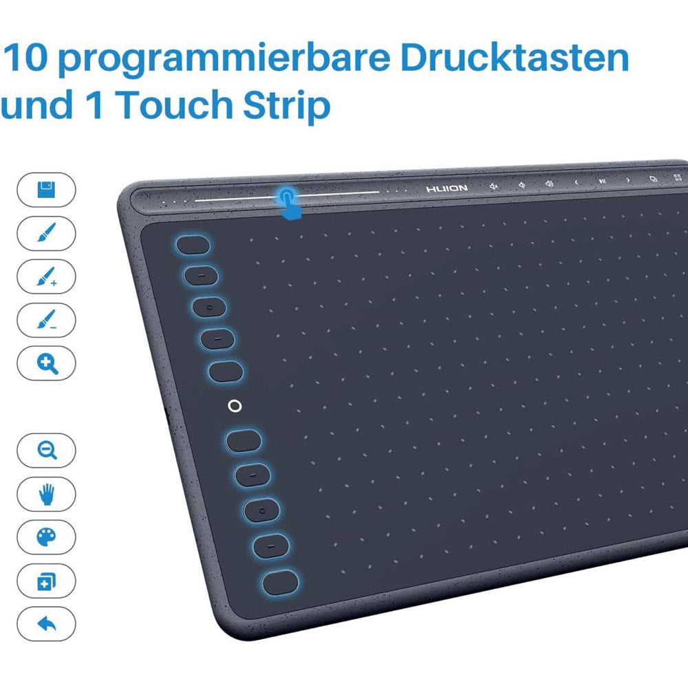 HUION HS611 Grafiktablett 10,2x6,36 Zoll ideal für digitale Kunst - 8 Multimedia-Tasten, 10 Express-Tasten, Touch Strip, kompatibel mit Win, Mac, Android, Grau