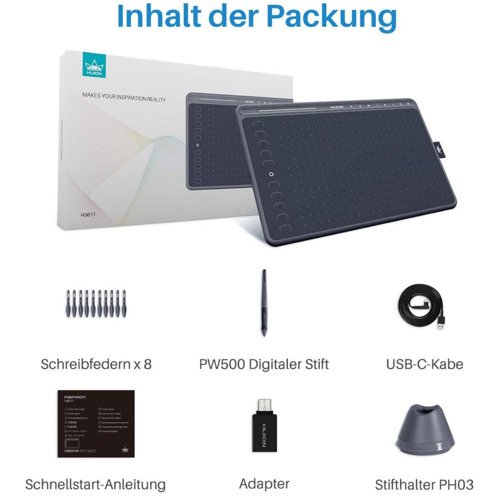 HUION HS611 Grafiktablett 10,2x6,36 Zoll ideal für digitale Kunst - 8 Multimedia-Tasten, 10 Express-Tasten, Touch Strip, kompatibel mit Win, Mac, Android, Grau