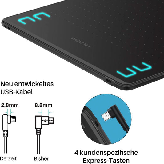 HUION HS64 Grafiktablett, HS64, Zeichentablett, 4 Express-Tasten, 8192 Druckempfindlichkeit, 6,3 x 4 Zoll, kompatibel mit Win, Mac, Android, ideal für digitale Kunst und Design.